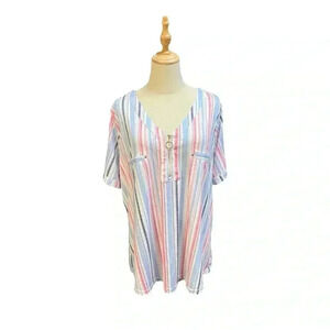 Flower & Feather Womens Striped Zip Short Sleeve Top Tshirt Size 3XL NWT